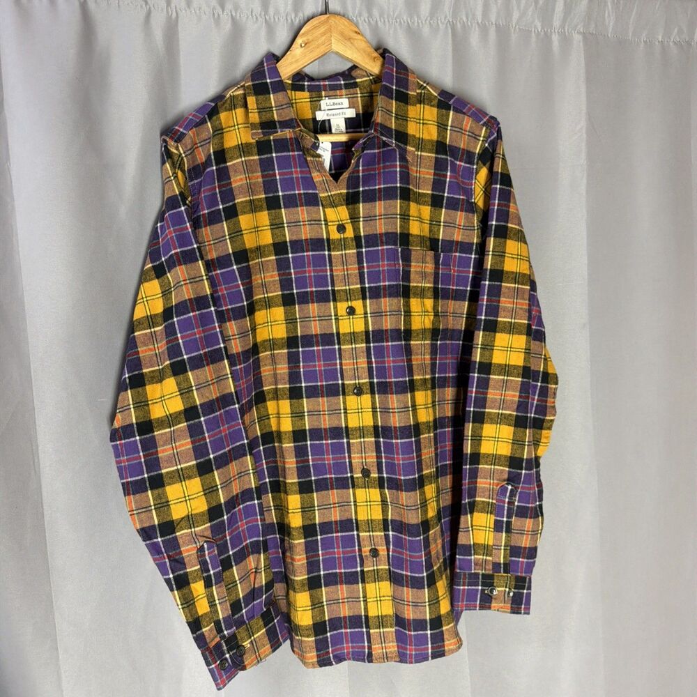 L.L. Bean Relaxed Fit Plaid Flannel Mustard Yellow Purple Preppy Men XL Tall